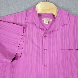 Island Passport Button Up Shirt Men 1XL Light Purple Embroidered Pinstripe Rayon